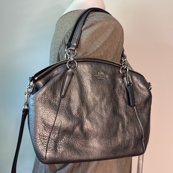 Like New Coach Kelsey Satchel Gunmetal Metallic Leather Crossbody Purse - Picture 2 of 9